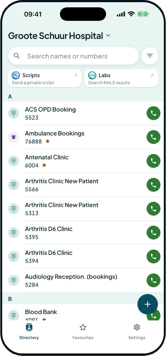 Fona showing the Groote Schuur Hospital directory listed A to Z, with a call button beside each extension.