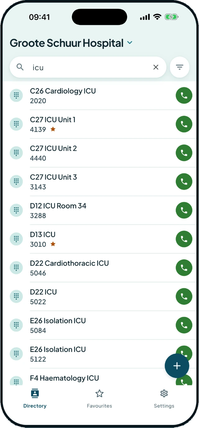 Fona filtering the directory to intensive care units as the word icu is typed into the search box.
