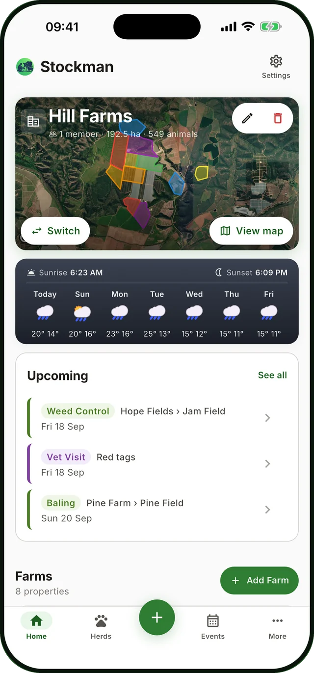 Stockman on a phone, showing the Hill Farms home screen with a field map, the week's weather and the next jobs due.